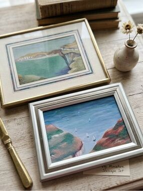 Framed Two Sided Seascape Painting Set in Blue and Green